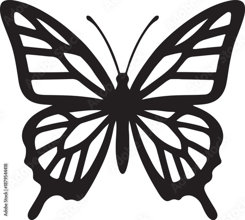 A simple black and white illustration of a butterfly with detailed wings