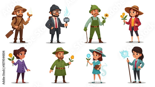 Eight diverse cartoon characters in various costumes holding different objects against a clean white background with colorful outfits.