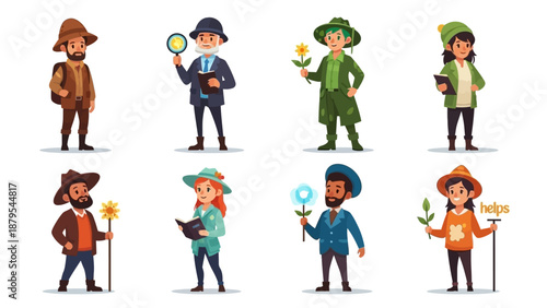 Flat illustration of eight diverse cartoon characters in various professions with colorful outfits against a clean white background.