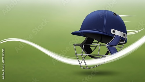 Cricket Helmet on Green Field Background.