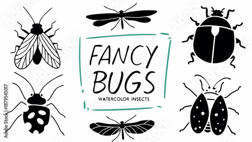 Fancy watercolor insects and bugs silhouette illustrations