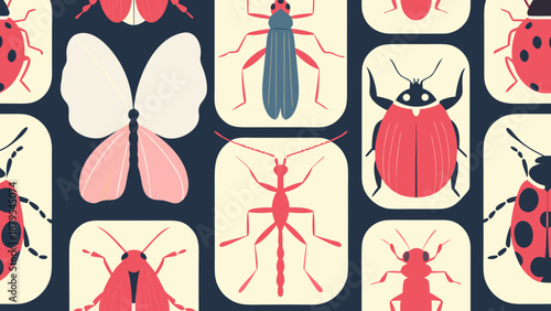 Colorful illustration of various insects on a dark background
