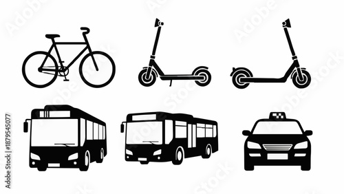 Transport icons set featuring sustainable urban mobility options including bicycle electric scooters buses and taxi.