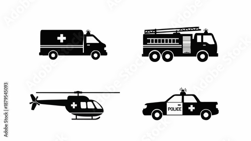 Emergency transport and rescue service vehicle icons featuring ambulance police car fire truck and medical helicopter.