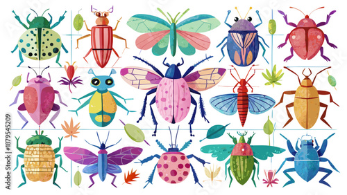 Colorful illustration of various insects on white background