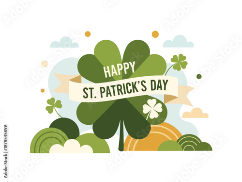 Festive flat vector illustration celebrating Saint Patrick's Day with a lucky four-leaf clover, banner, and abstract natural elements