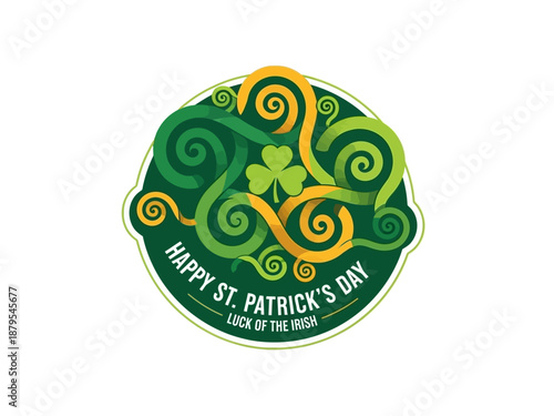 Conceptual seasonal celebration design vibrant stylized shamrock, intricate green-gold swirling Celtic knotwork