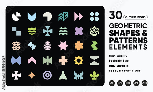 Modern colorful abstract geometric shapes & patterns on a dark background in a clean minimalist style.