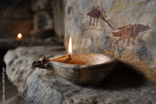 Ancient Cave Art and Oil Lamp