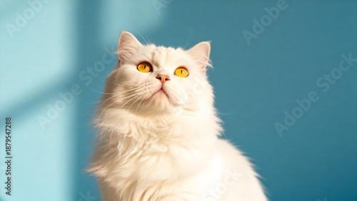 White cat with yellow eyes on blue background