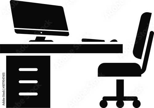 Minimalist office workstation icon, Desk with computer and chair silhouette on transparent background