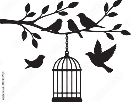 birds flying away from an open cage hanging on a tree branch