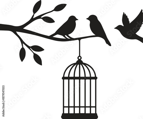 Birds perched on a branch with an empty birdcage hanging below