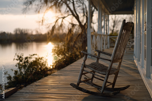 Sunset on Porch with Old Rocking Chair