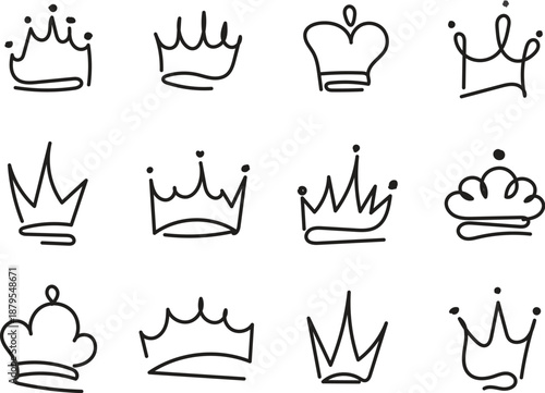 A collection of various crown line art icons on a white background