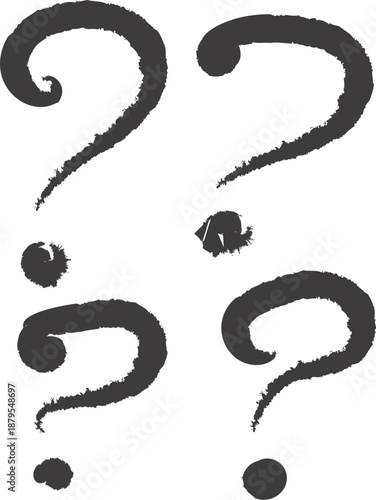 A set of four black question marks on a white background in a brush stroke style