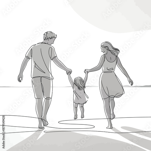 Family walking on beach holding little child vector illustration