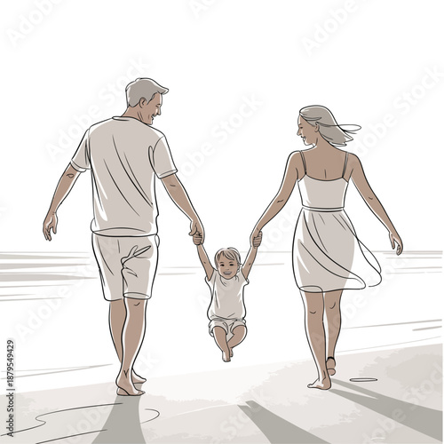 Parents and baby enjoying seaside walk family concept vector
