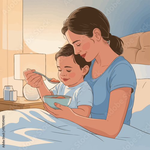 Mother feeding baby with love and care vector illustration