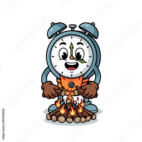 A cartoon mascot alarm clock character camping alone outdoors, roasting marshmallows over a campfire