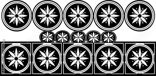 A collection of geometric shapes in a grid-like arrangement, depicted against a solid white background. The shapes, rendered in a vibrant shade of blue, are organized into three rows. The top row feat