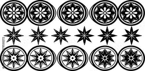 A collection of geometric shapes in a grid-like arrangement, depicted against a solid white background. The shapes, rendered in a vibrant shade of blue, are organized into three rows. The top row feat