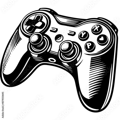 video game controller, realistic laptop open silhouette black fill white background