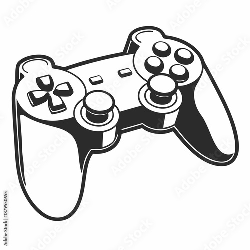 video game controller, realistic laptop open silhouette black fill white background