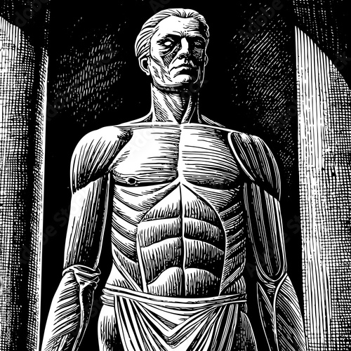 A detailed black and white engraving of a powerful mythological or anatomical figure with defined muscles in a gothic art style.