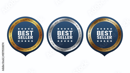 Best seller badge or seal with five stars graphic set in gold silver and bronze colors for product quality award