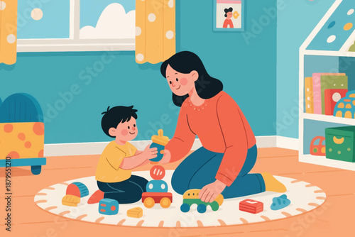 Illustration Of A Mother Accompanying Her Child Playing With A Toy Car Vector Design Template