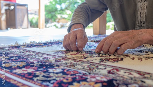 Sajadah Hand-Stitching. Islamic Culture – Ramadhan. The delicate, aged hands of an artisan meticulously hand-stitching colorful patterns onto a new Sajadah (prayer rug) for the season.
