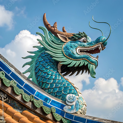 A macro photograph of a ceramic dragon’s head on a temple roof, showing detailed scales and bright enamel glaze, blue sky background.