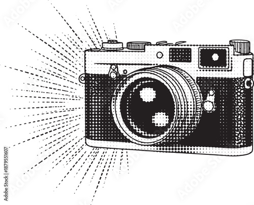 Vintage Film Camera Retro Sketch with Halftone Shading Vector Illustration