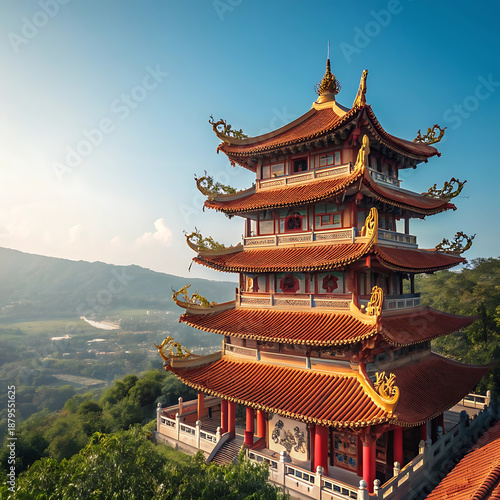 A majestic Chinese shrine with intricate double-tiered red roofs, adorned with golden dragon sculptures on the ridges, set against a clear blue sky, cinematic wide shot.