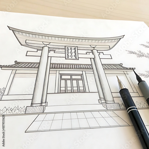 A minimalist architectural sketch of a Chinese shrine entrance, clean black lines on white paper, zen and modern aesthetic.
