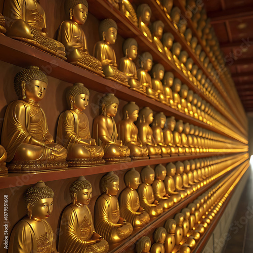 A row of thousands of small golden Buddha statues lining the walls of a Chinese shrine, repetitive patterns, warm ambient lighting.