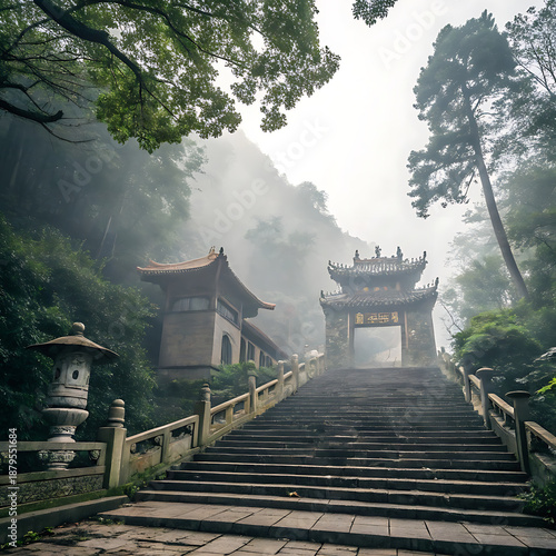 A serene Chinese temple hidden in a misty mountain forest, traditional stone steps leading to an ornate entrance gate, atmospheric and peaceful.