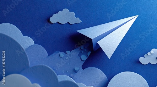 Paper Airplane Ascending Through Paper Clouds on Textured Blue Background Business Concept of Innovation and Aspiration Conceptual Flight with Layered Paper Art