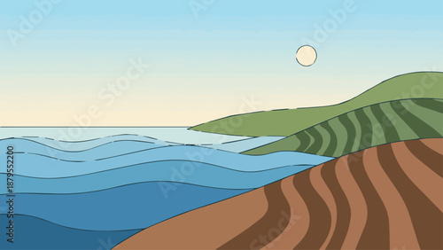 A serene night landscape features the blue moonlight reflecting on the summer sea under a dark sky where the moon glows over the calm ocean horizon