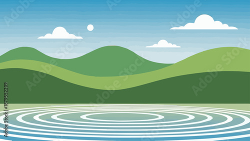 Vector illustration of an abstract nature landscape featuring green summer hills and mountains under a blue sky with sun and clouds over a meadow lake