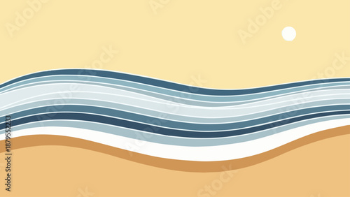 Vector illustration of a tropical beach background with blue sea waves and orange line patterns in a curved banner style design for a business wallpaper template