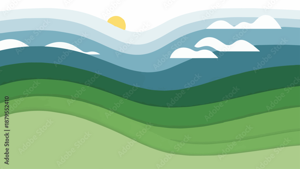 Obraz premium Cartoon illustration of a summer nature landscape featuring green grass hills and a meadow under a blue sky with white clouds and majestic mountains in a scenic countryside environment