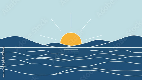Vector illustration of a summer landscape featuring an orange sunset over the blue sea and ocean water with a yellow sun sphere and clouds in the sky above a nature buoy art design