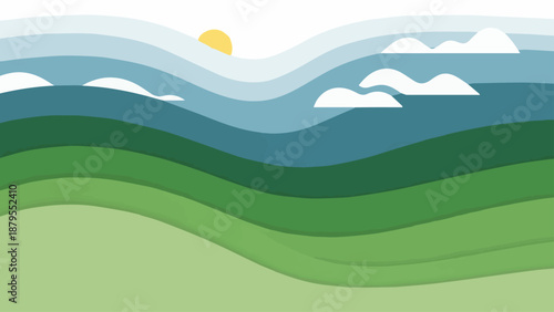Cartoon illustration of a summer nature landscape featuring green grass hills and a meadow under a blue sky with white clouds and majestic mountains in a scenic countryside environment