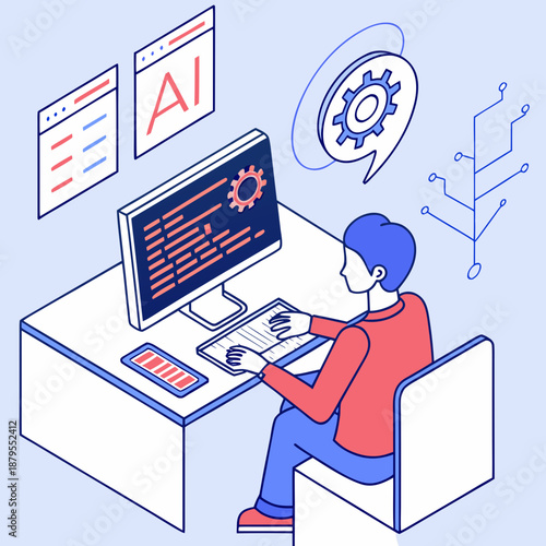A programmer creating and optimizing artificial intelligence solutions with code. The image depicts an isometric view of a person, likely a developer or programmer, diligently working at a desk.
