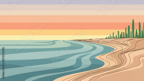 A golden sunset glows over the horizon where the natural blue sea meets the desert sand dunes in a summer travel landscape