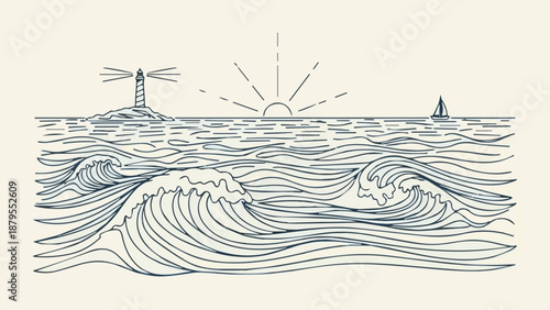 An old paper boat floats on the blue ocean surface under a summer sky with soft cloud reflections and gentle ripples across the liquid horizon