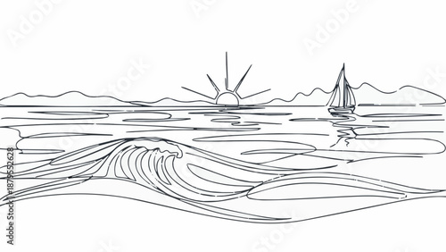 Vintage nature art illustration of a silhouette ship and boat on a river landscape with sea waves and a sketch of a tree pattern