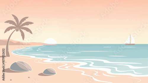 A serene tropical paradise features a turquoise ocean wave washing over golden sand under a blue sky with white clouds, highlighting a lonely beach with palm trees and a beautiful island horizon